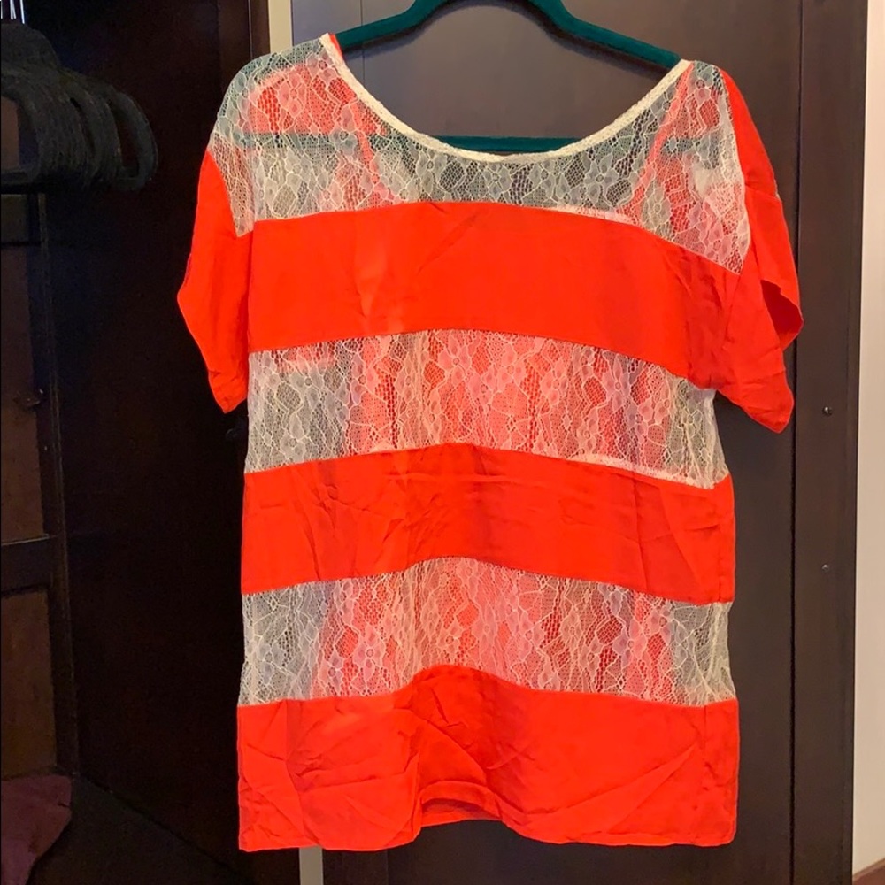MM Couture by Miss Me Orange Blouse Tan Lace